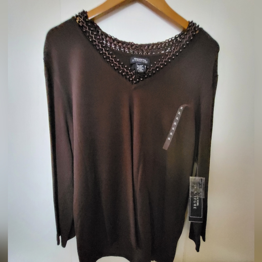 NWT Jones New York Signature Brown Beaded Neckline Long Sleeve Shirt Sz XL